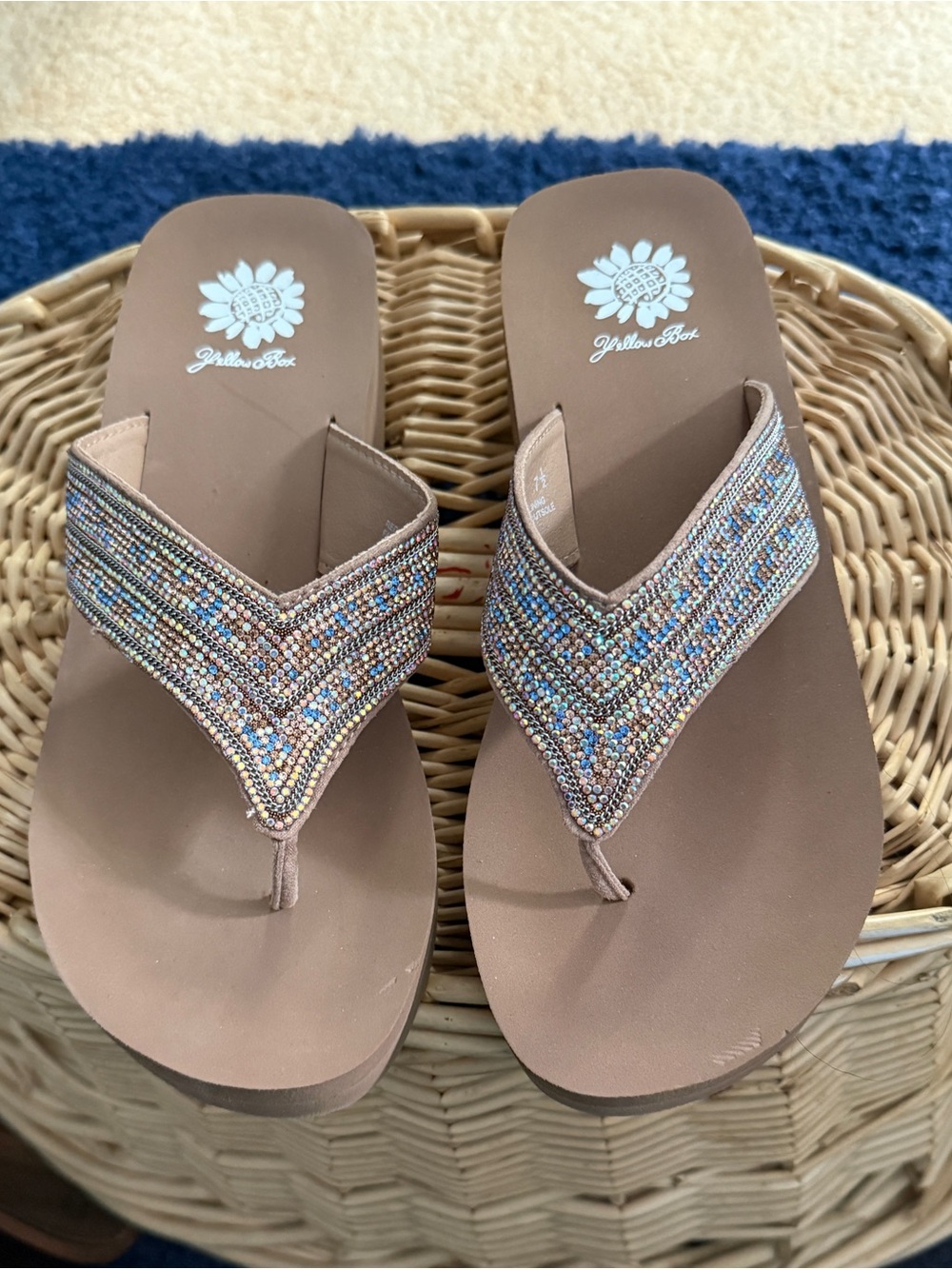 Jewel Badgley Mischka Brown Beaded Wedge Thong Sandals